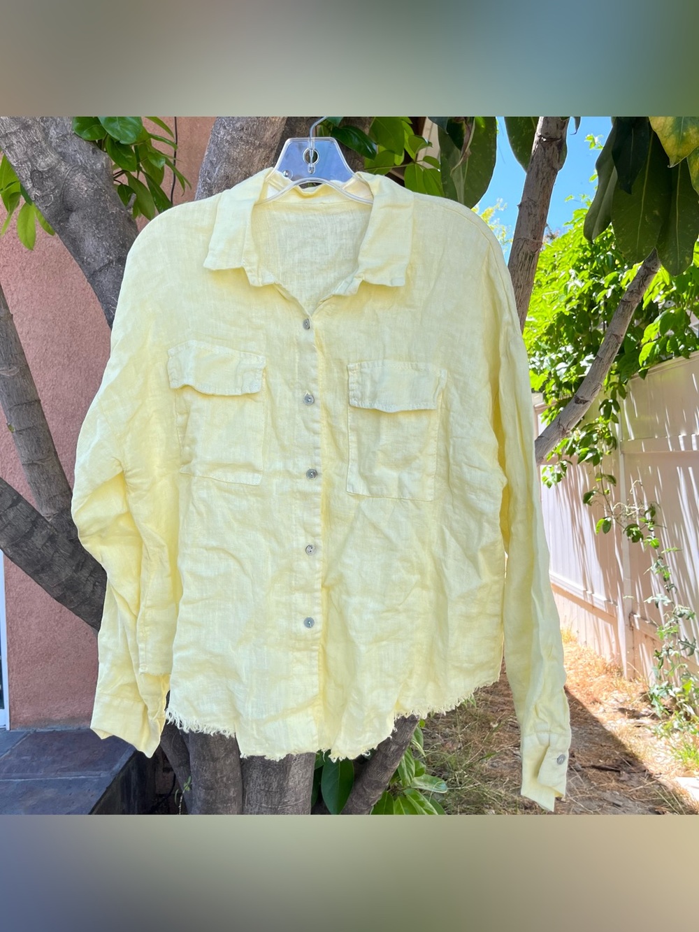 Italian Linen Yellow 💛 Linen Button Down Top with a Distressed Hem .